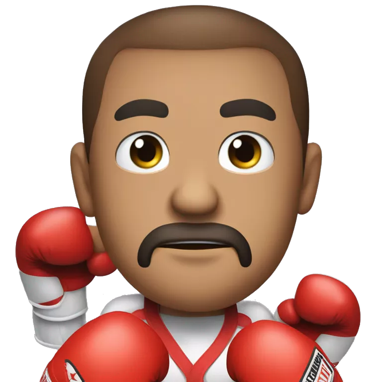 Create an emoji of a person wearing boxing gloves, with a focused and determined face. Show the spirit of a boxing champion with a belt of the champion