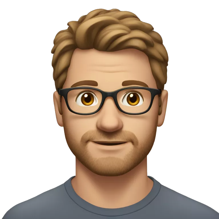 A head and shoulders shot of a 32 year old White man, with medium brown hair, with stubble facial hair,  wearing glasses with brown eyes wearing a t-shirt.