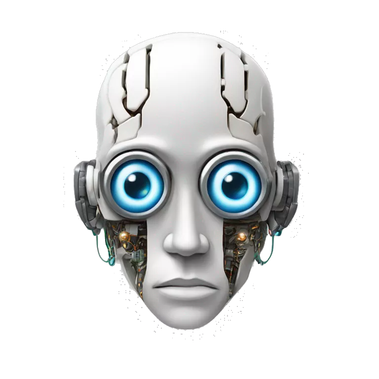 Flat white plating on cyborg head with  one artificial eyeball, circuitry, goateer