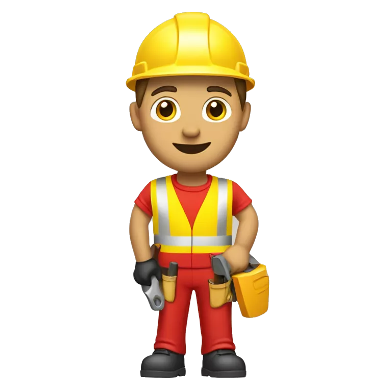 a caucasian construction worker from the chest up, looking frontal, wearing a red hard hat and yellow high-visibility vest, underneath he is wearing a red t-shirt, holding a hammer