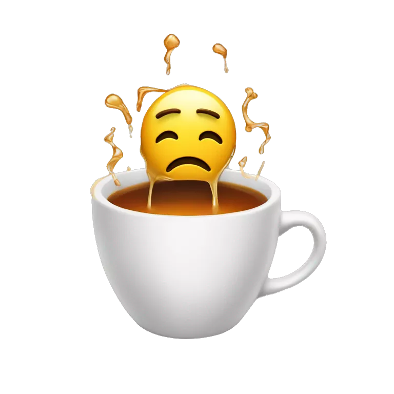 An emoji melting in a cup of tea tired from stress and worldliness, show a mess on top of head to represent stress
