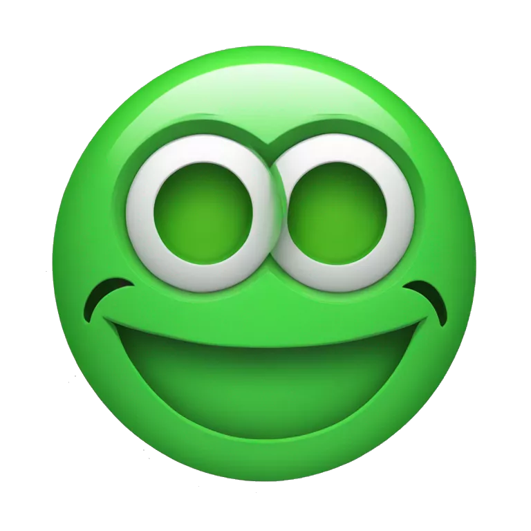 smiley image with green face, with two green gear-shaped wheels as eyes and a green curved smile