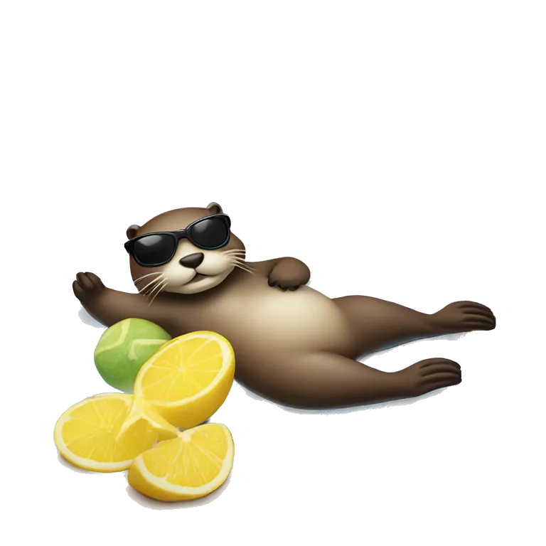 Otter lying on his back on a beach towel with a parasol beside him, sunglasses and lemonade in his hand.