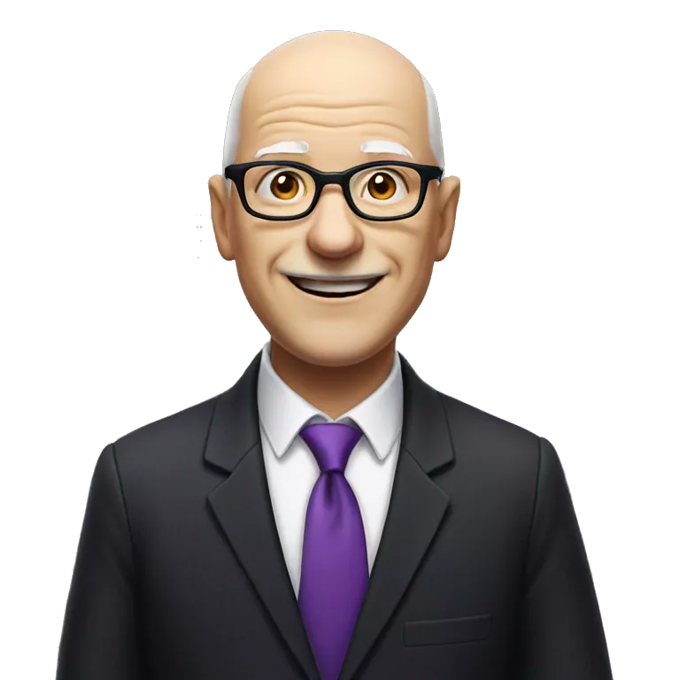 white, bald old man wearing a black suit with a purple tie and glasses, with no mustache, smiling with teeth, standing back