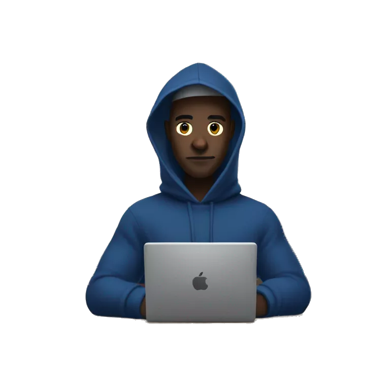 A man in a dark blue hoodie with a capelet on his head, his face not visible in the shadows, is sitting at a computer.