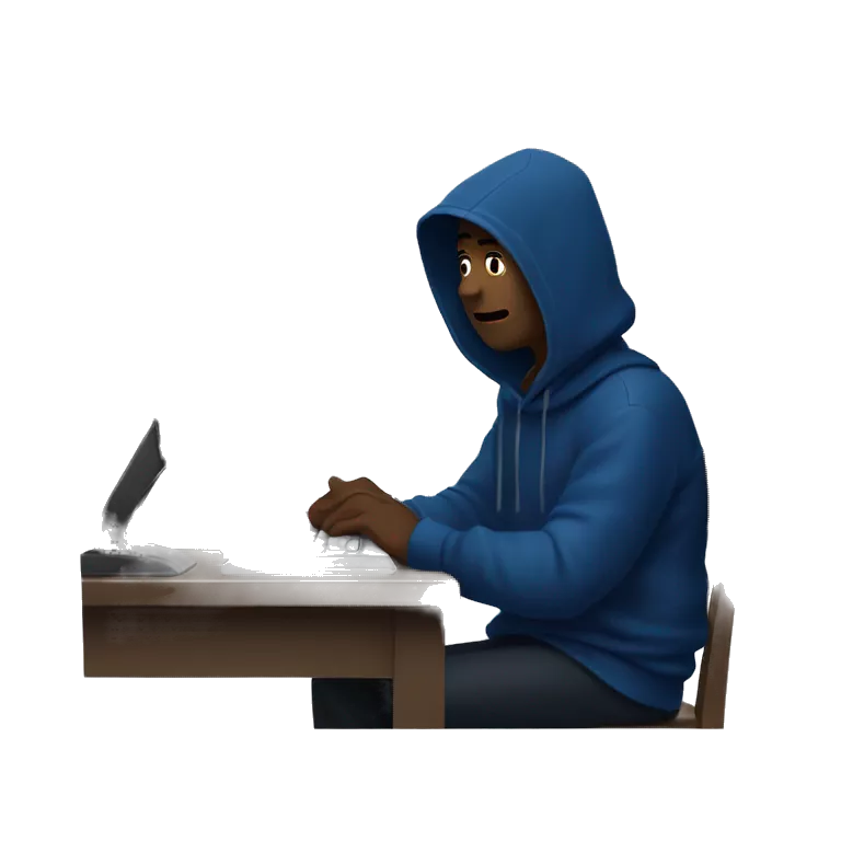 A man in a dark blue hoodie with a capelet on his head, his face not visible in the shadows, is sitting at a computer.