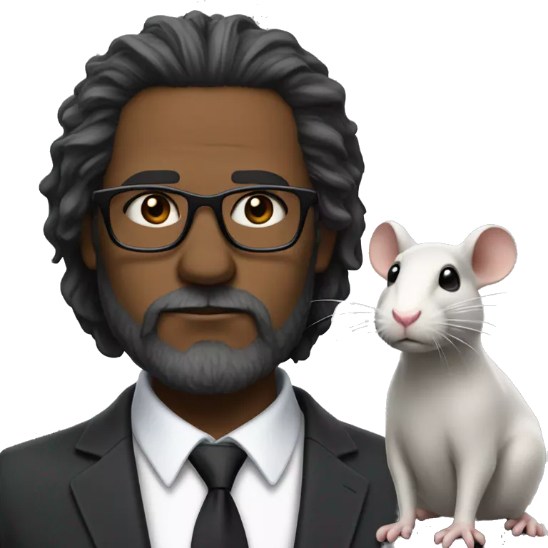 A middle-aged man with a blank expression on his face, a black trimmed medium beard, black glasses, long messy hair, wearing a suit with a white rat on his shoulder