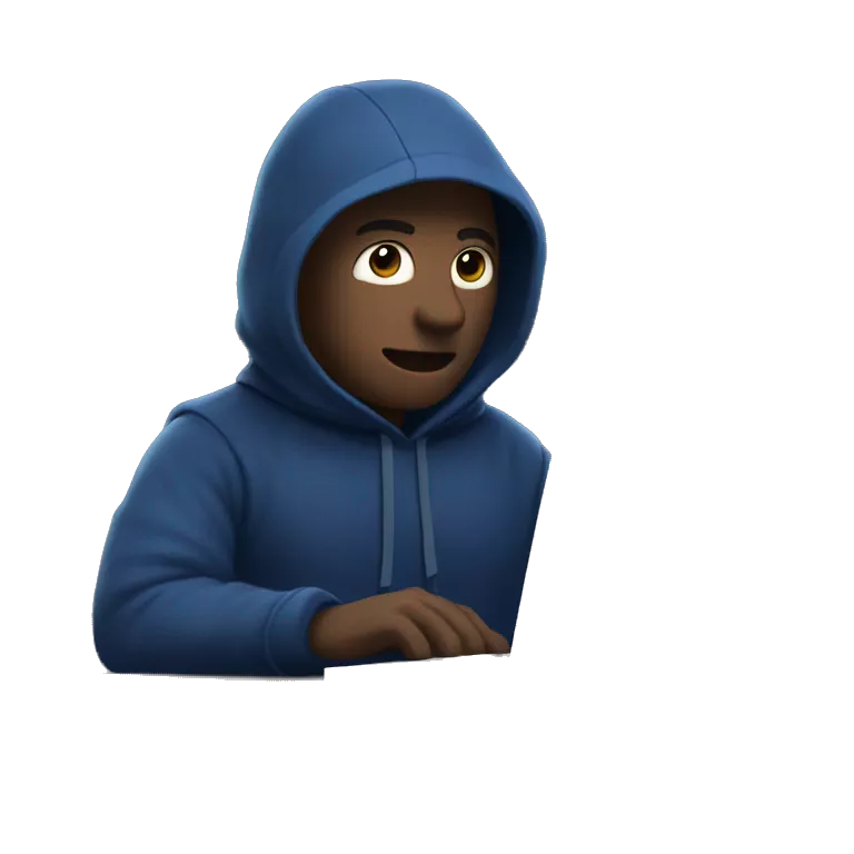 A man in a dark blue hoodie with a capelet on his head, his face not visible in the shadows, is sitting at a computer.