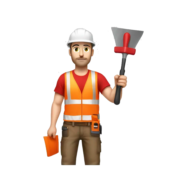 a caucasian construction worker from the chest up looking frontal, wearing a red hard hat and high-visibility vest, underneath he is wearing a red t-shirt, holding a gauging trowel