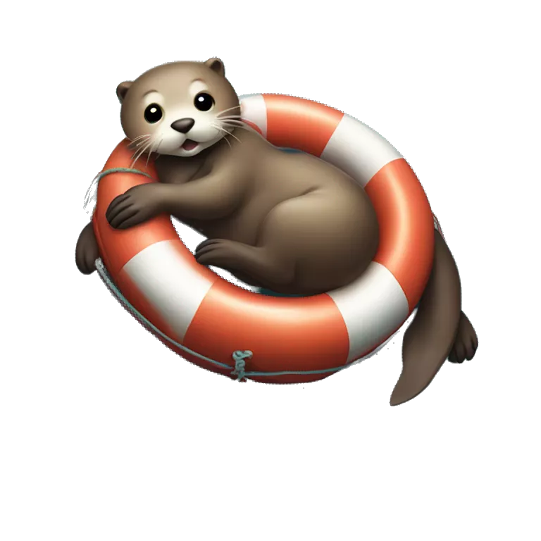 Otter lying on its back with a big belly and tired on a boat rescue buoy in the middle of the sea