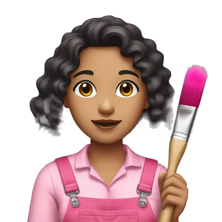 A woman with long black curly hair, brown eyes, wearing a pink overall and a paint brush with colorful paint
