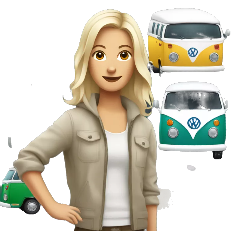 Hip white woman with a Volkswagen camper van