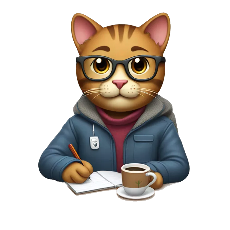 &quot;Create an emoji of a happy brown cat with computer glasses, typing on a computer and taking notes. The cat is sitting on an ergonomic chair with a coffee mug and a potted plant, wearing a winter jacket because the office AC is cold.&quot;