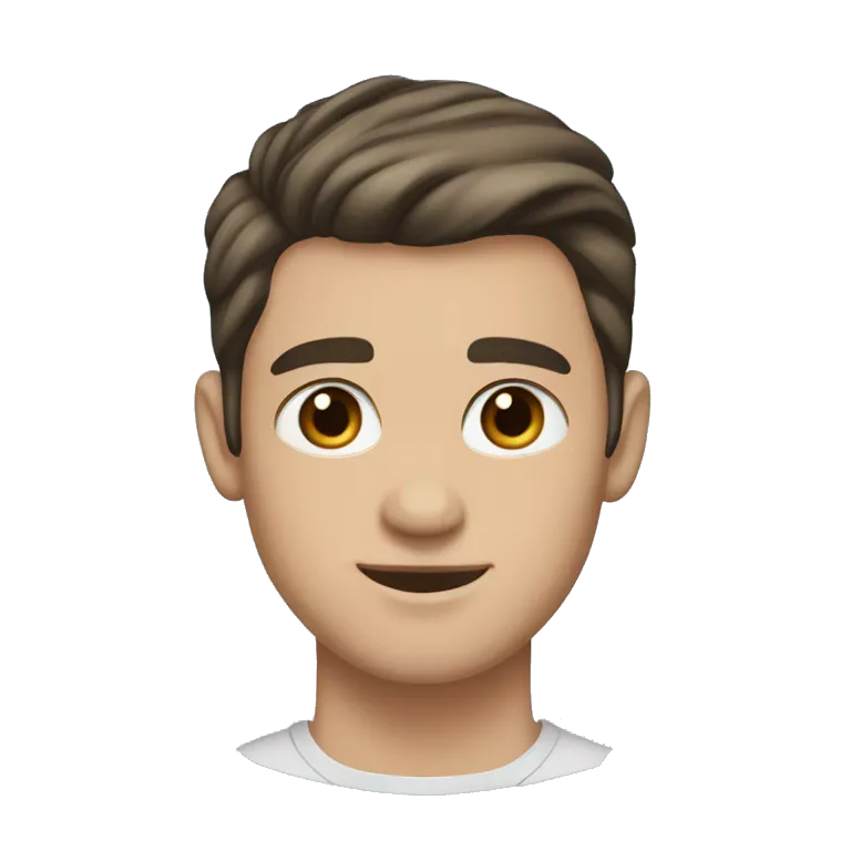a handsome young man with brown eyes, dark hair, pompadour cut, small nose, small chin, small mouth, light white skin, blue background
