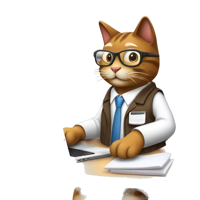 Create an emoji of a happy brown cat with computer glasses, typing on a computer and taking notes. The cat is sitting on an ergonomic chair, with a coffee mug, a potted plant, and wearing a jacket because the office AC is cold.