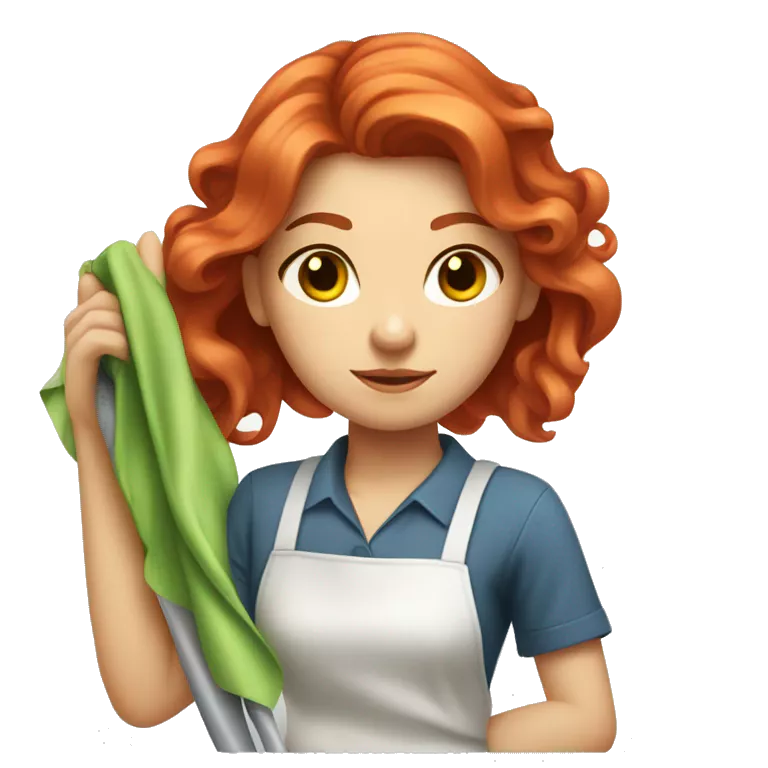 &quot;A beautiful girl with red hair and fair skin, cleaning a dress with a cloth. She is focused on the task and looks determined.&quot;