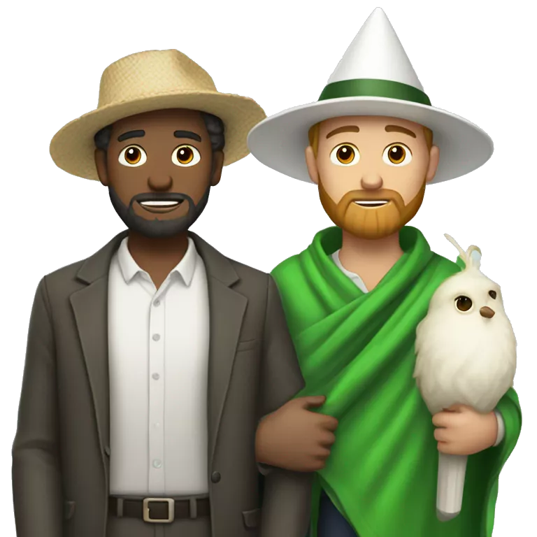 A single Guy with a green blanket, a white barbe with a butterfly catcher and a white cone-shaped hat
