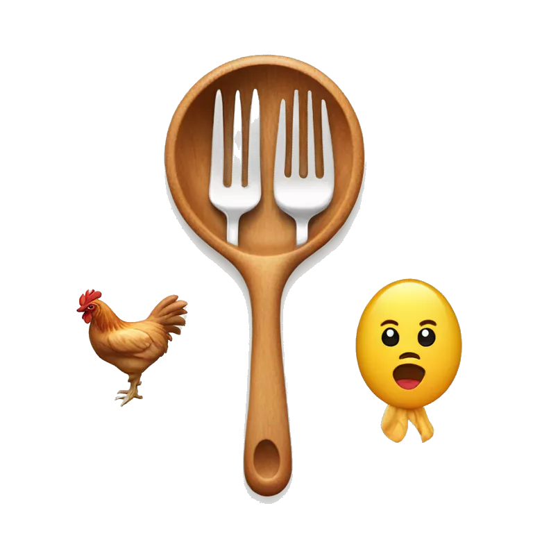 Wooden spoon and fork, chicken, fish, and meat behind in background
