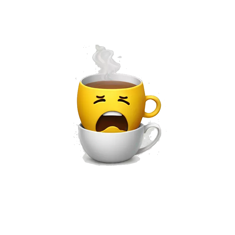 A stressed emoji siting in a cup of tea with lot of stress very tired, show a mess on his head representing stress