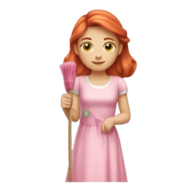 &quot;A beautiful girl with red hair and fair skin, wearing a pink dress, cleaning another dress with a cloth. She is focused on the task and looks determined.&quot;