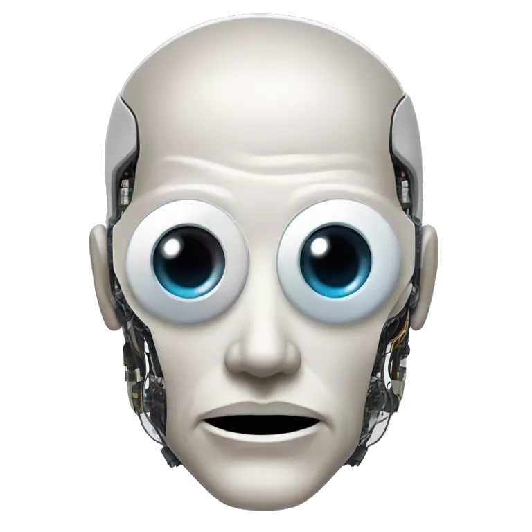 Flat white plating on cyborg head with  one artificial eyeball, circuitry, goatee