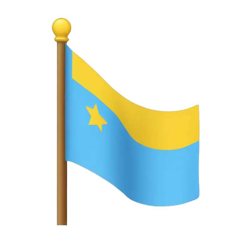 Flag with three stripes. The firs stripe is light blue, the second is yello and the third is light blue again. On the first ble stripe at the left there is a star with 8 angles and next to it to the right there is a half moon facing the star.