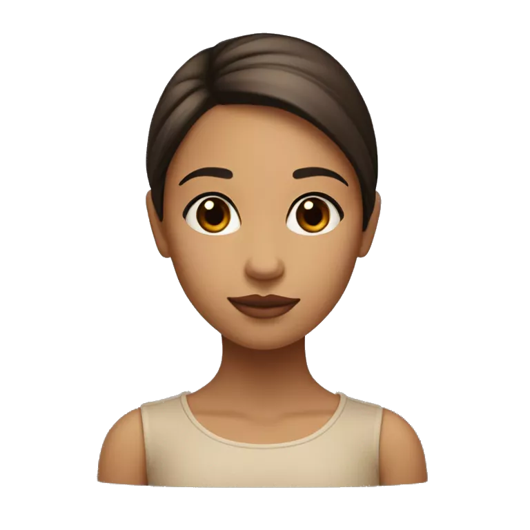 A girl with a round face, but beautiful. Straight hair slightly below the shoulders, parted to the right, brown in color. Big brown eyes, a small bump on her nose, large lips, and beautiful cheekbones, with black, not thin, eyebrows.