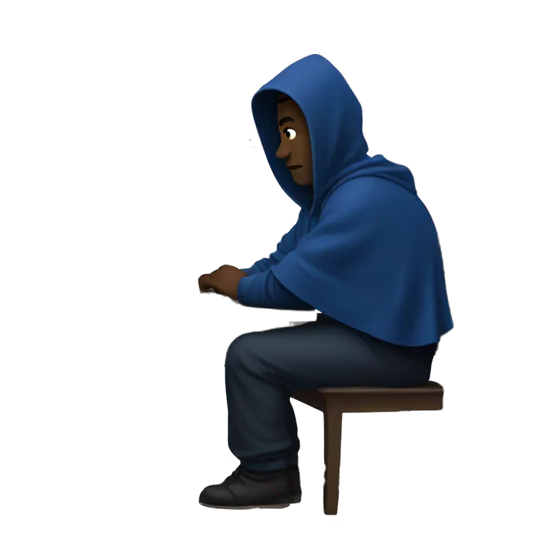 A man in a dark blue hoodie with a capelet on his head, his face not visible in the shadows, is sitting at a computer.