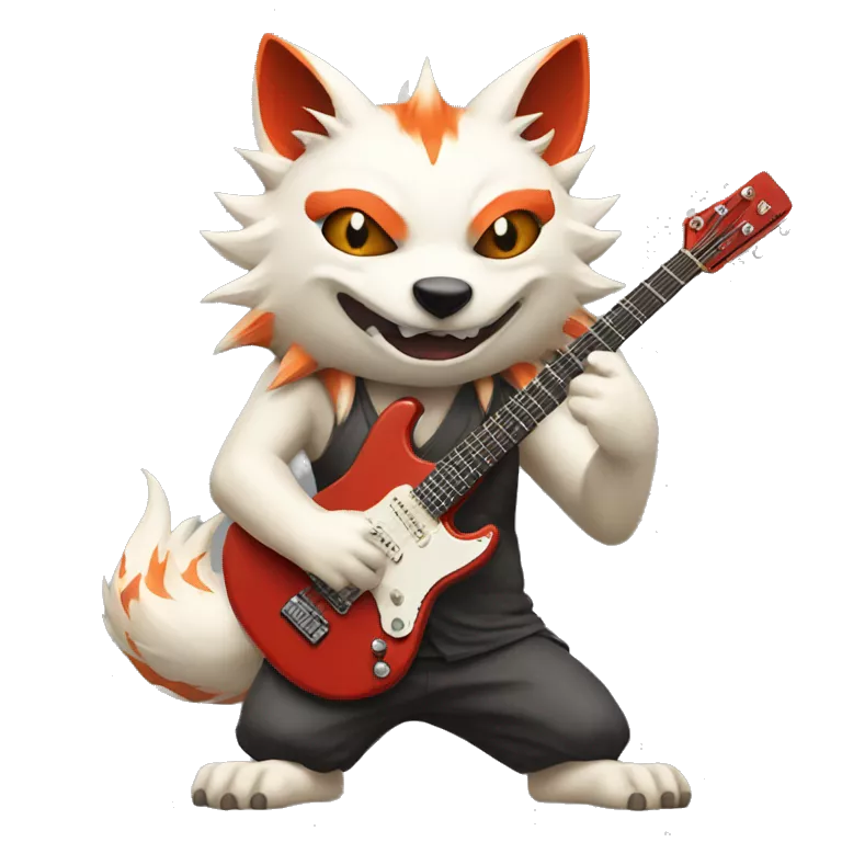 Nine-tailed Fox with japanese demon mask and Rock-guitar in paws