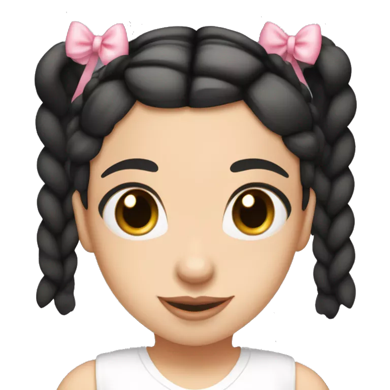 A white girl wearing white T-shirt with two braids and bangs with pink ribbon bow on each braid looking forward..black hair and brown eyes small nose and pink lips