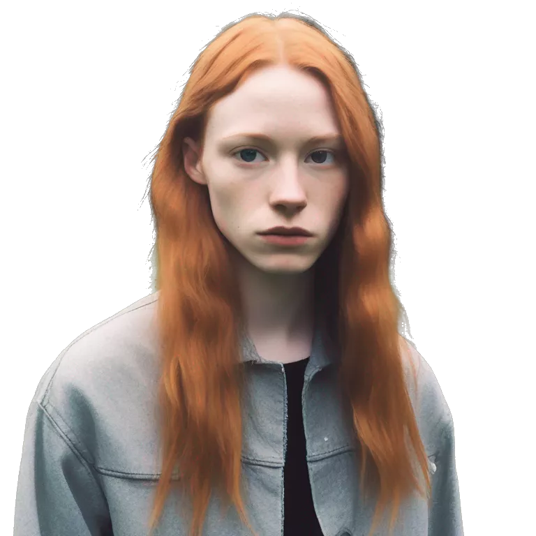 White fair skin, straight hair in a wolf haircut, ginger coloured hair, grundge aesthetic, beautiful face, British, stylist, aesthetic