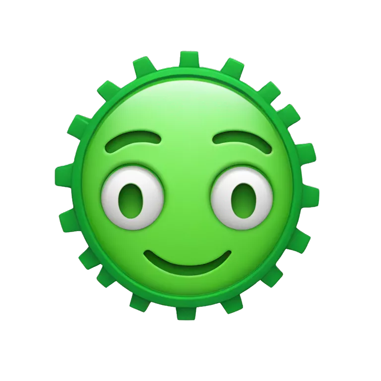smiley image with face as a green circular outline, with two green gear-shaped wheels as eyes and a green curved smile