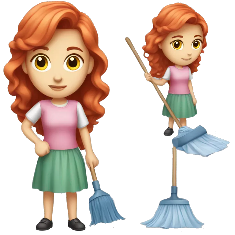 &quot;A beautiful girl with red hair and fair skin, wearing a pink dress, cleaning another dress with a cloth. She is focused on the task and looks determined.&quot;