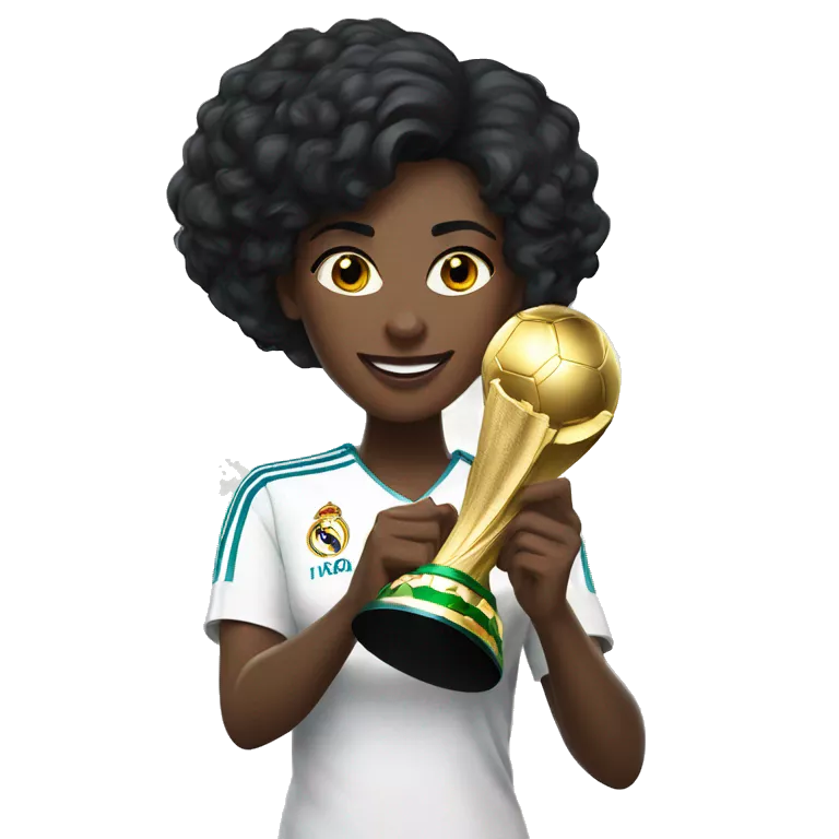Women with black hair holding the soccer world cup trophy, wearing a real madrid jersey