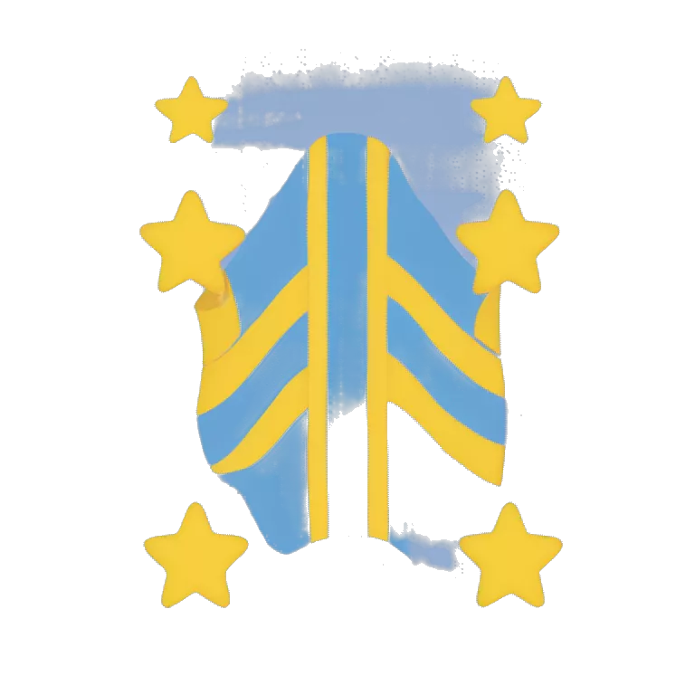 Flag with three stripes. The firs stripe is light blue, the second is yello and the third is light blue again. On the first ble stripe at the left there is a star with 8 angles and next to it to the right there is a half moon facing the star.