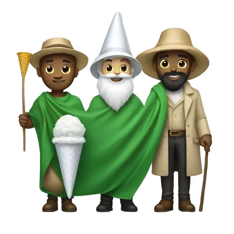 Guy with a green blanket, a white barbe with a butterfly catcher and a white cone-shaped hat