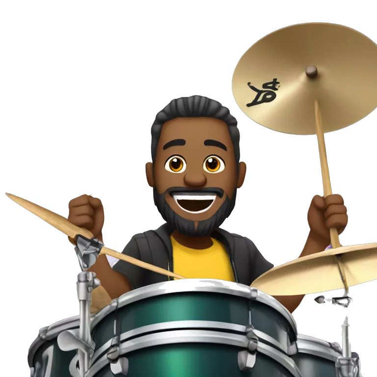 Imagine a Brazilian drummer with tied hair and a beard, laughing and celebrating while playing drums in a live broadcast. The logo &quot;GG Lukas Drummer&quot; should appear in the background of the image.