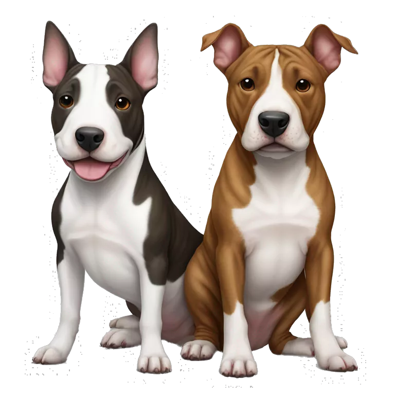 female brindle bull terrier and male white bull terrier next to each other
