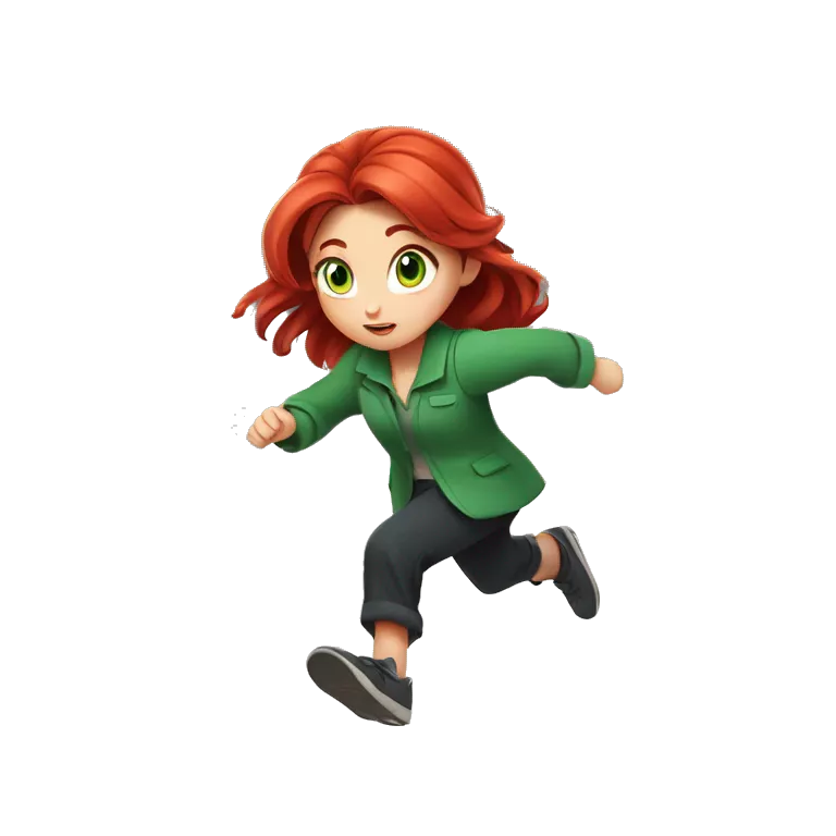 Cute Girl, Big green eyes, Long red hair, Green loose fitting pantsuit Running, Disney anime style, cinematic lighting
