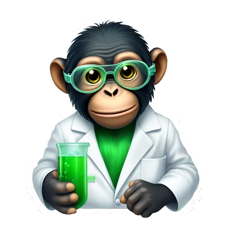 Chimpanzee wearing safety goggles and a lab coat while holding a vile of green liquid and rubbing his chin curiously