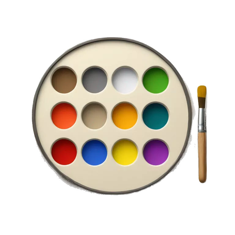 round wooden painting palette, paint mixing tray with applied paint colors