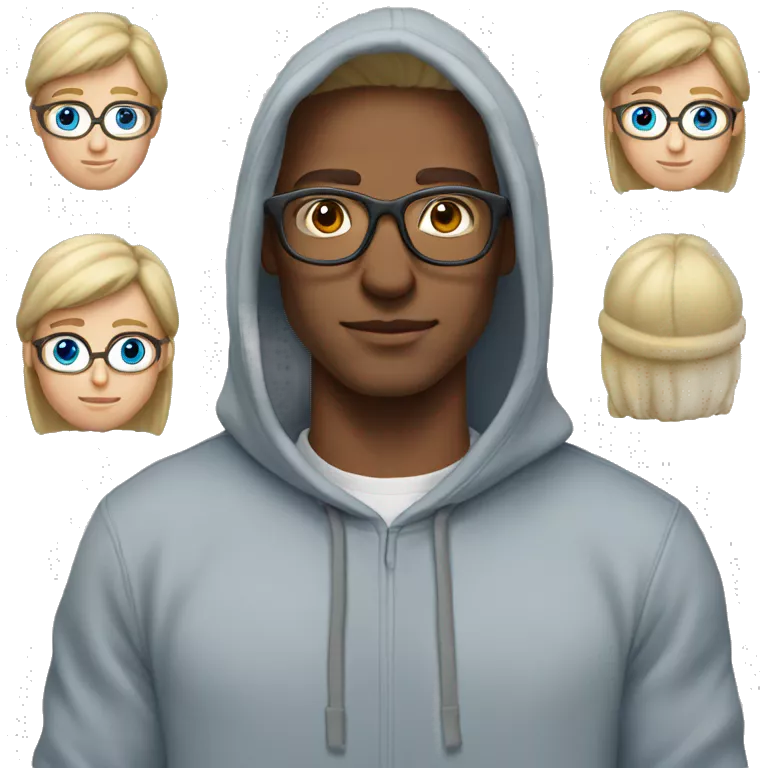 blond man, wide glasses for vision, long hair back, blue eyes, gray hoodie, gray cap