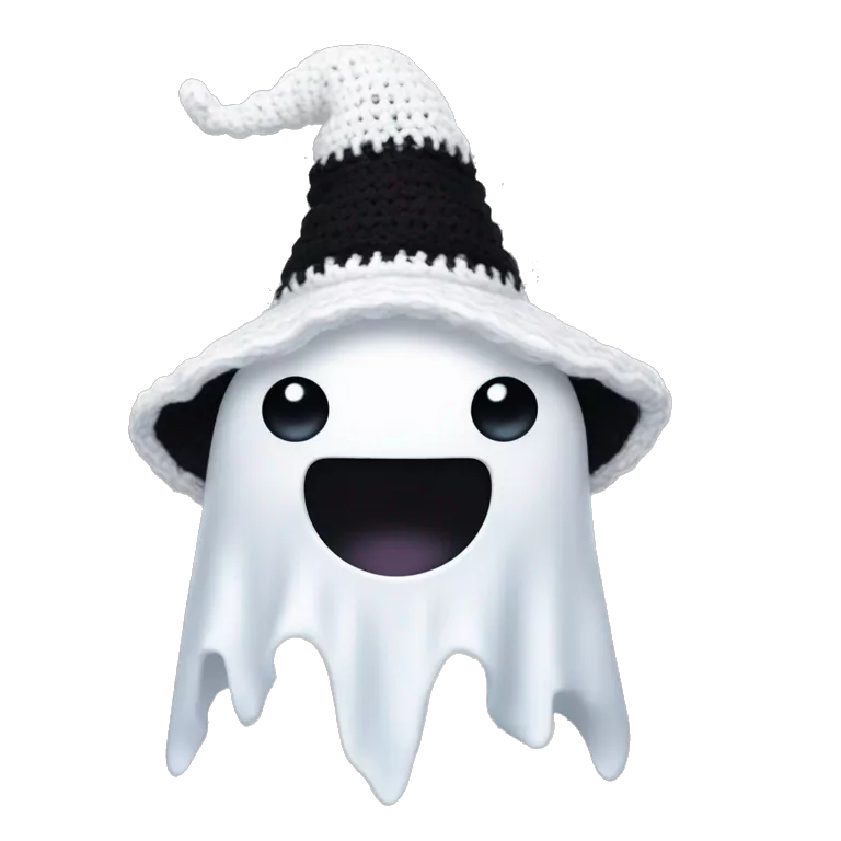 white shaped adorable crocheted ghost. it has only two black pearl shaped eyes (no mouth)  and wearing a black pointy witch hat.
