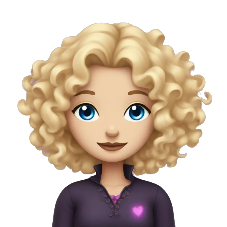 Blonde curly hair Blue eyed woman who is witchy by on and pink hearts