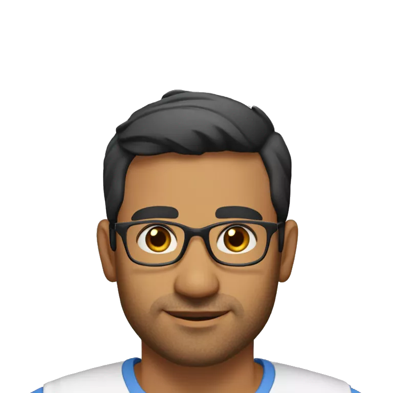 A head and shoulders shot of a 36 year old South Asian man, with short black hair, with stubble facial hair,  wearing glasses with brown eyes wearing a t-shirt.