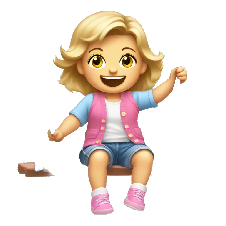 A white female baby aged 15months with browny blonde hair and blue eyes, wearing a pink Cardigan and denim shorts and blue shoes, on a swing in a park with a huge smile and smiling eyes