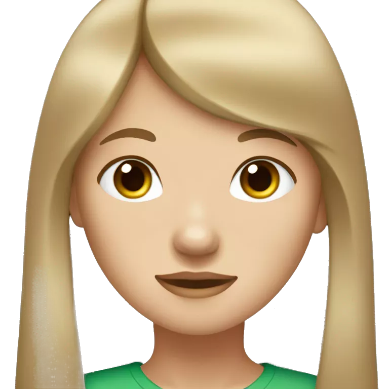girl with long hair and straight light brown bangs. Her skin color is very white with a little freckles and her eyes are green and brown.