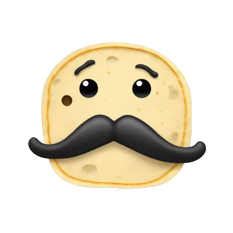 tortilla with horizontal black line for eyes and a long noodle like black mustache with only a single noodle for the mustache