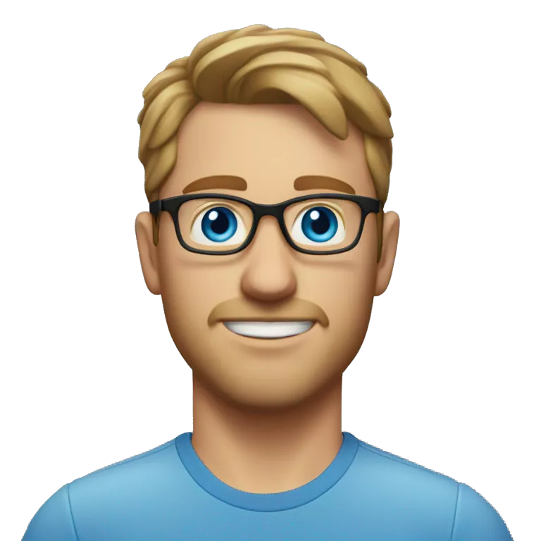 A head and shoulders shot of a 32 year old white man, with short brown hair, with none facial hair,  wearing glasses with blue eyes wearing a t-shirt.