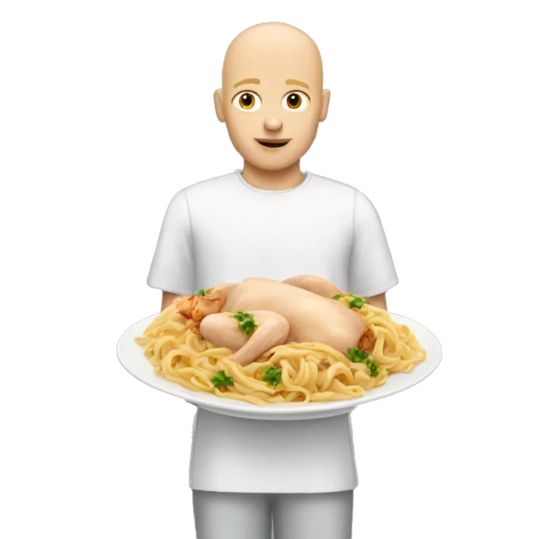Half bald blonde boy with a dish of pasta and chicken